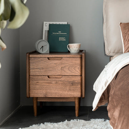 Traditional Japanese Rounded Corner Design Solid Walnut Wood Nightstand 2-Drawer For Bedroom