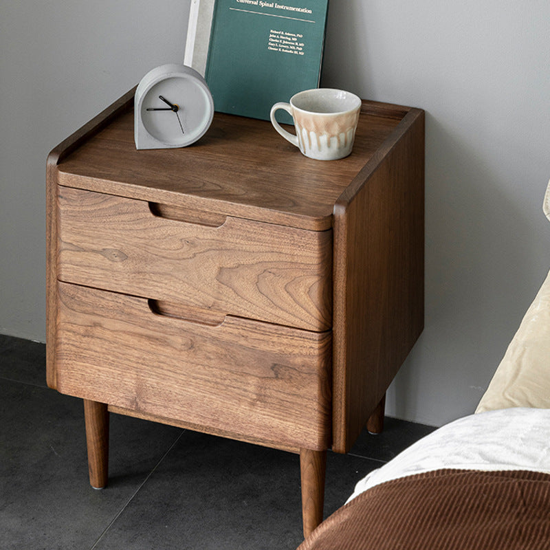 Traditional Japanese Rounded Corner Design Solid Walnut Wood Nightstand 2-Drawer For Bedroom