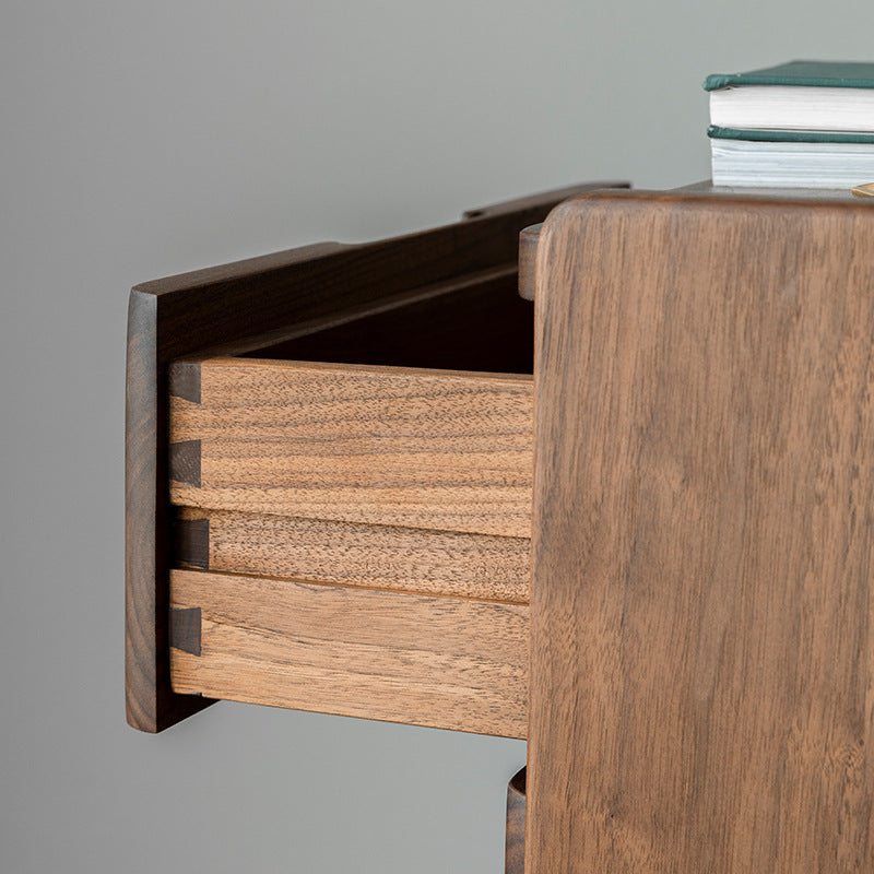 Traditional Japanese Rounded Corner Design Solid Walnut Wood Nightstand 2-Drawer For Bedroom