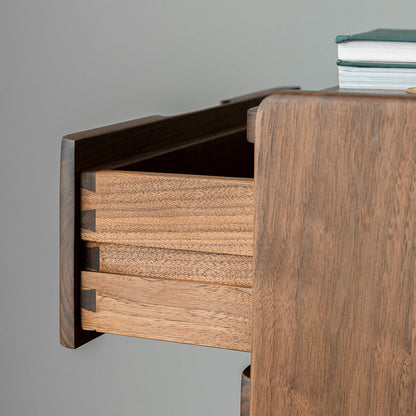 Traditional Japanese Rounded Corner Design Solid Walnut Wood Nightstand 2-Drawer For Bedroom