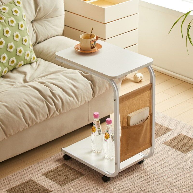Modern Minimalist Rectangular Rounded-Edge MDF Iron Movable Coffee Table 2-Tier For Living Room