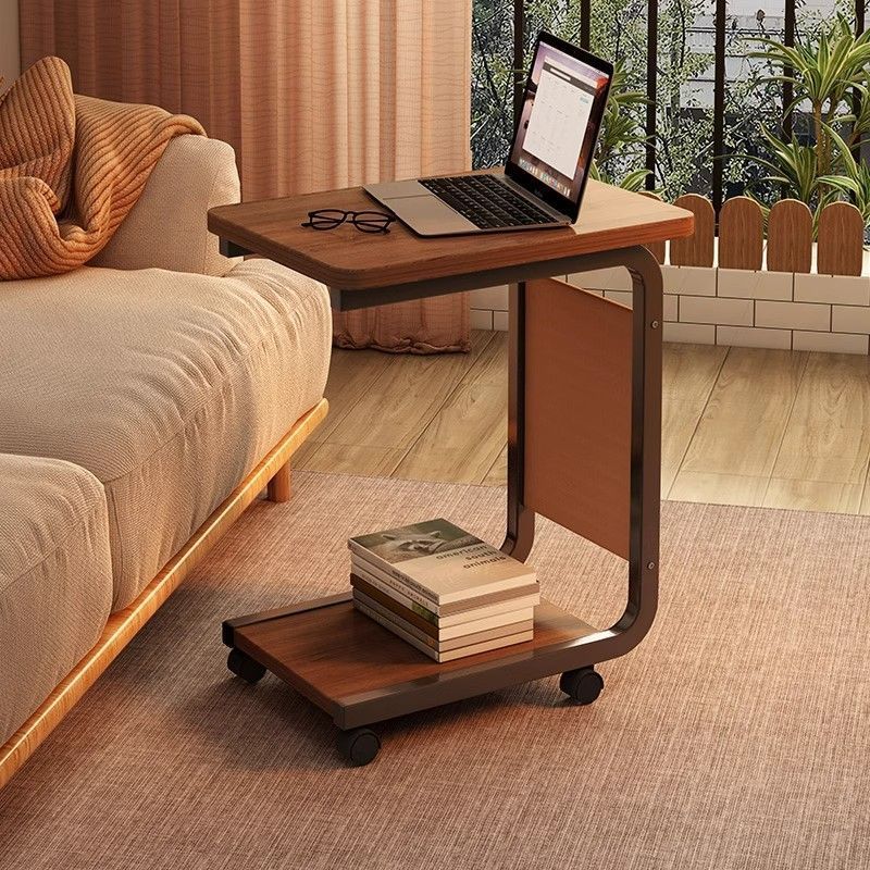 Modern Minimalist Rectangular Rounded-Edge MDF Iron Movable Coffee Table 2-Tier For Living Room