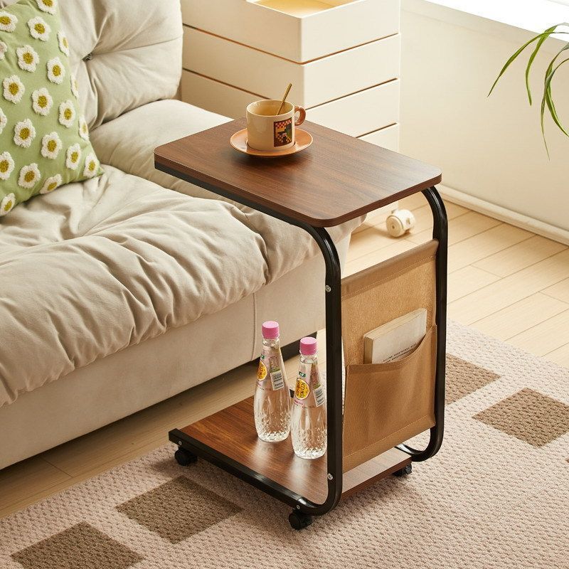Modern Minimalist Rectangular Rounded-Edge MDF Iron Movable Coffee Table 2-Tier For Living Room