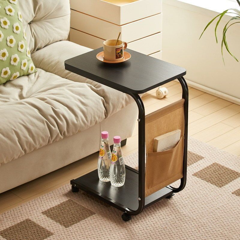 Modern Minimalist Rectangular Rounded-Edge MDF Iron Movable Coffee Table 2-Tier For Living Room