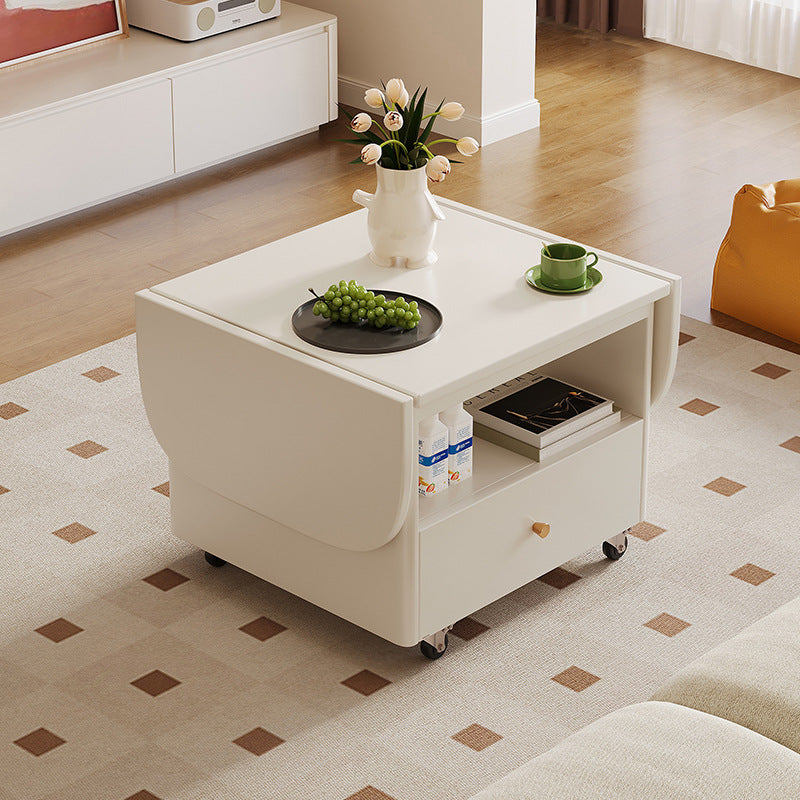 Modern Minimalist Rounded-Edge Solid Wood Eco Board Folding Movable Coffee Table 1-Drawer 2-Tier For Living Room