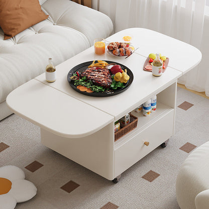 Modern Minimalist Rounded-Edge Solid Wood Eco Board Folding Movable Coffee Table 1-Drawer 2-Tier For Living Room