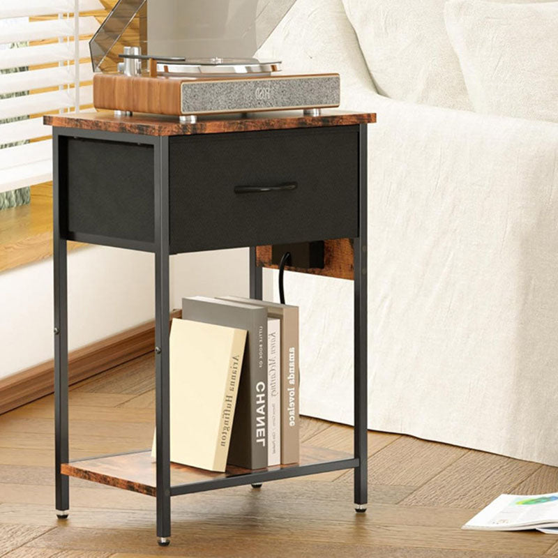 Traditional Vintage Rectangular Carbon Steel Particle Board End Table With Charging 1-Drawer For Living Room