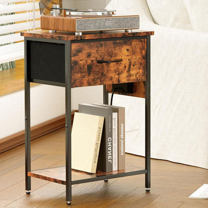 Traditional Vintage Rectangular Carbon Steel Particle Board End Table With Charging 1-Drawer For Living Room