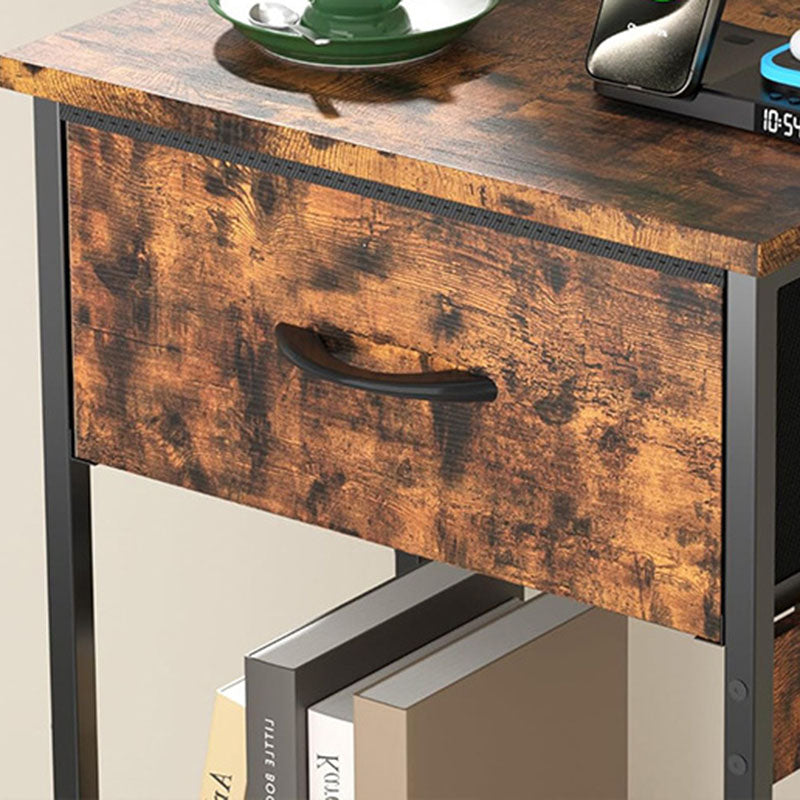 Traditional Vintage Rectangular Carbon Steel Particle Board End Table With Charging 1-Drawer For Living Room