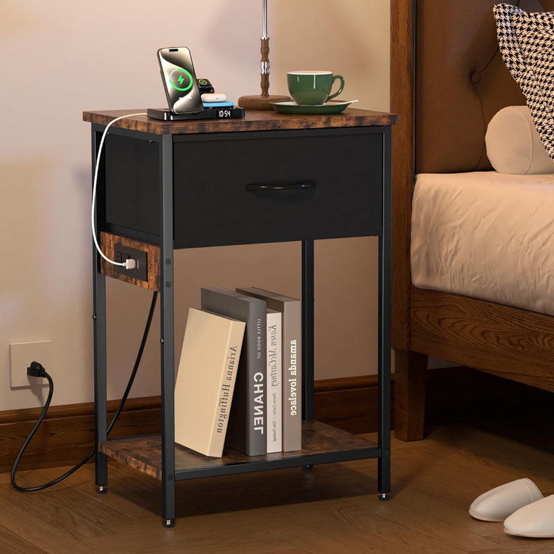 Traditional Vintage Rectangular Carbon Steel Particle Board End Table With Charging 1-Drawer For Living Room