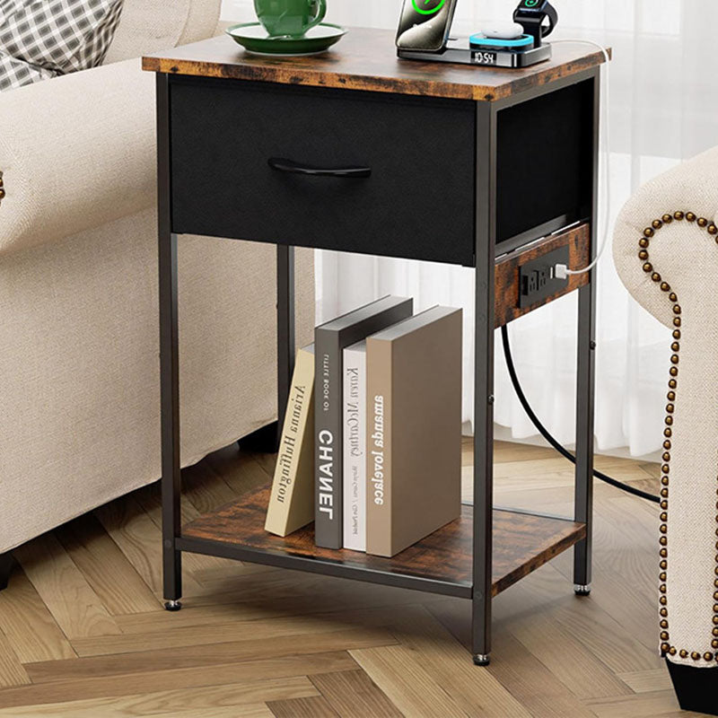Traditional Vintage Rectangular Carbon Steel Particle Board End Table With Charging 1-Drawer For Living Room