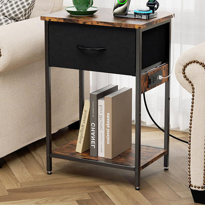 Traditional Vintage Rectangular Carbon Steel Particle Board End Table With Charging 1-Drawer For Living Room