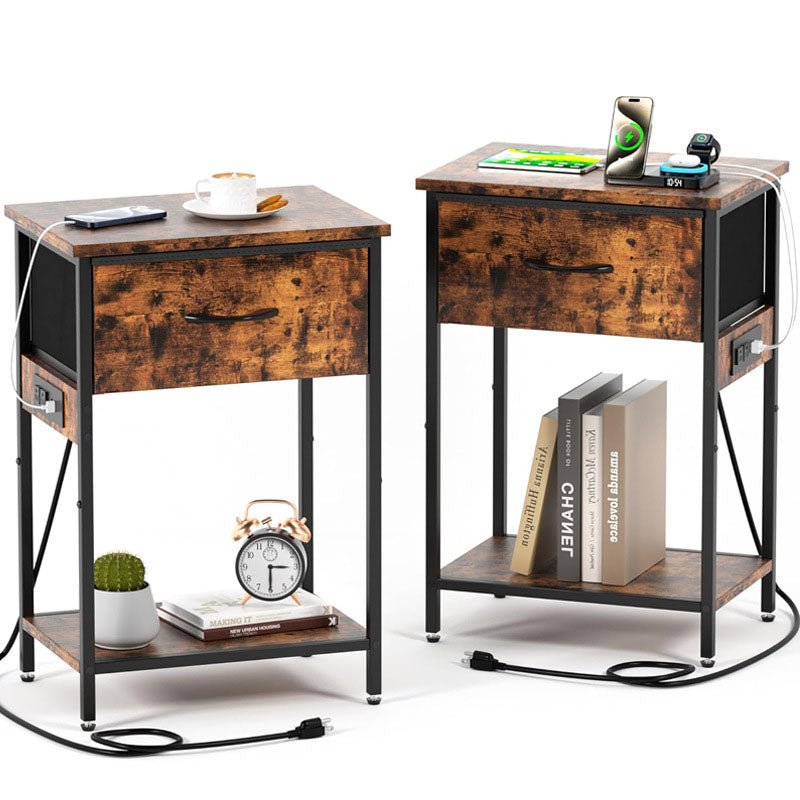 Traditional Vintage Rectangular Carbon Steel Particle Board End Table With Charging 1-Drawer For Living Room