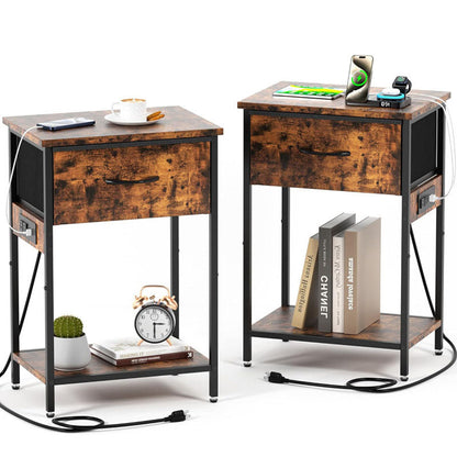 Traditional Vintage Rectangular Carbon Steel Particle Board End Table With Charging 1-Drawer For Living Room