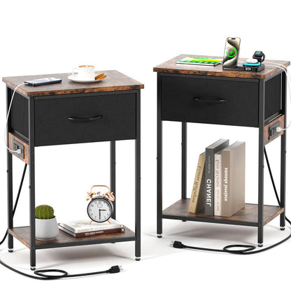 Traditional Vintage Rectangular Carbon Steel Particle Board End Table With Charging 1-Drawer For Living Room
