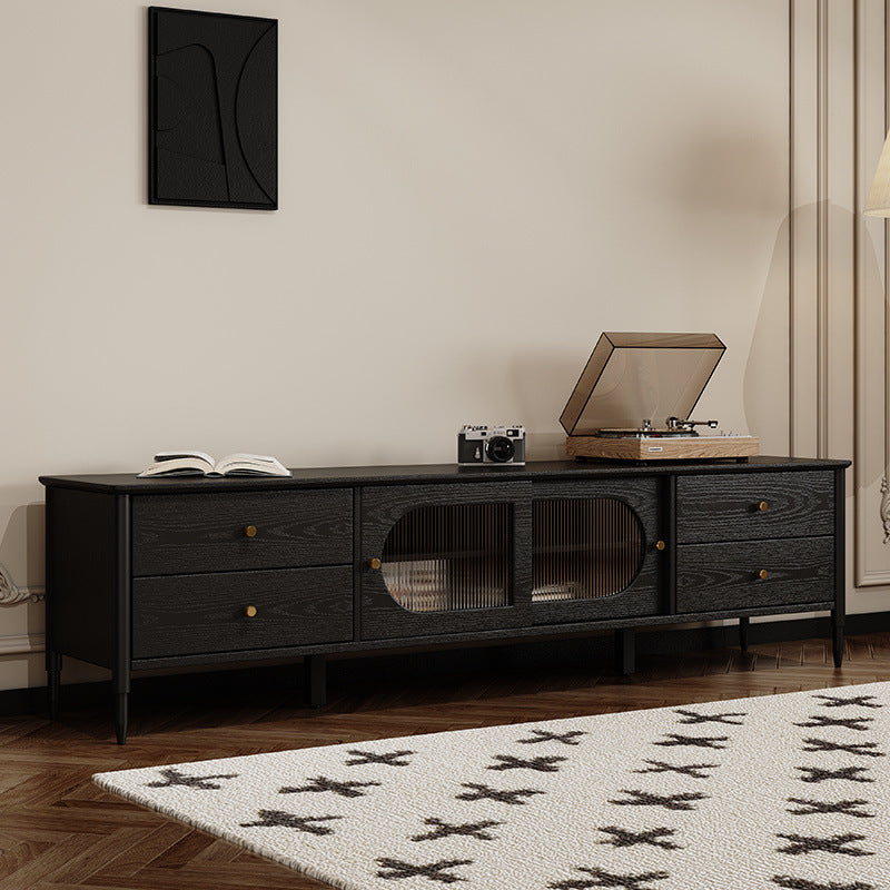 Contemporary Nordic Rectangular Solid Wood Long Rainbow Glass Brass TV Stand 4-Drawer For Living Room