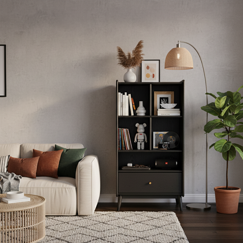 Contemporary Nordic Rectangular Solid Wood Black Display Rack 1-Drawer For Living Room