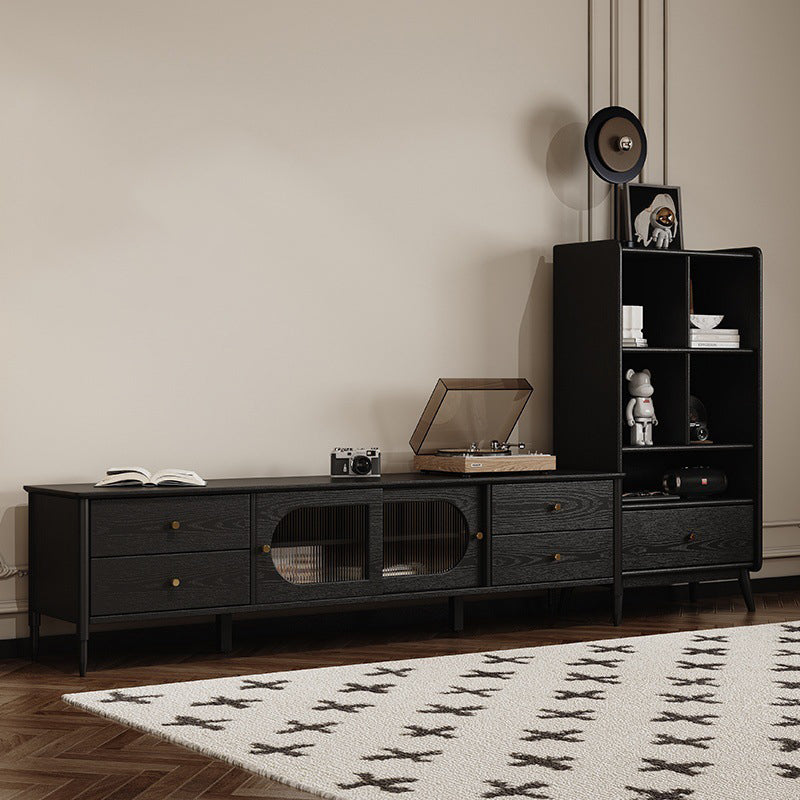 Contemporary Nordic Rectangular Solid Wood Black Display Rack 1-Drawer For Living Room