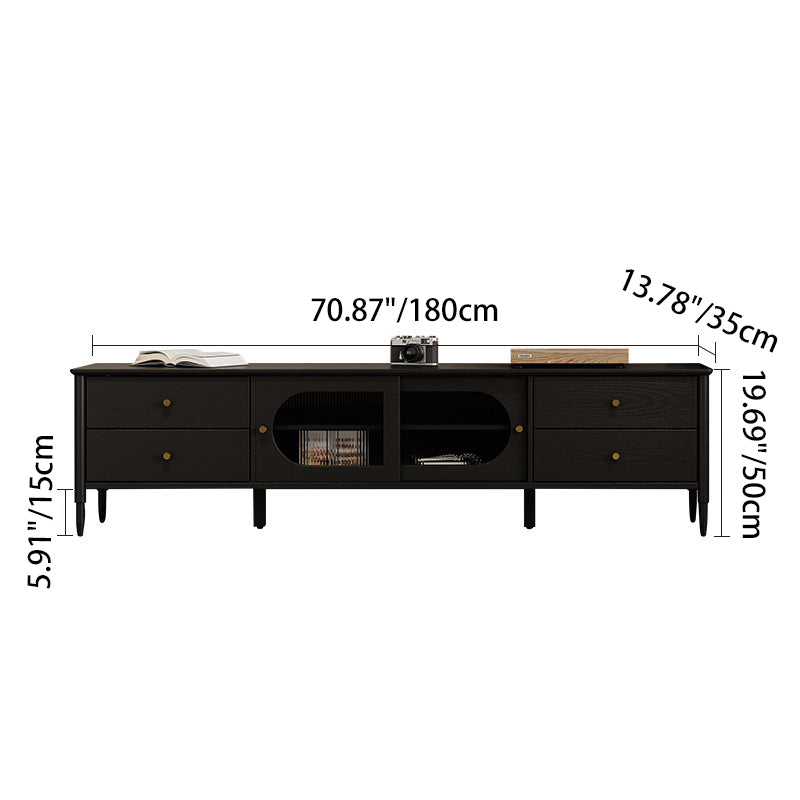Contemporary Nordic Rectangular Solid Wood Long Rainbow Glass Brass TV Stand 4-Drawer For Living Room