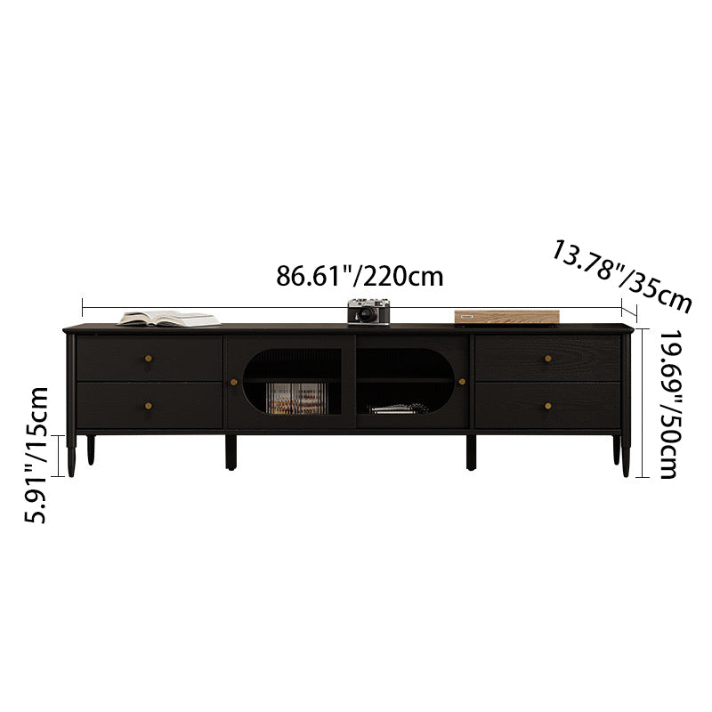 Contemporary Nordic Rectangular Solid Wood Long Rainbow Glass Brass TV Stand 4-Drawer For Living Room