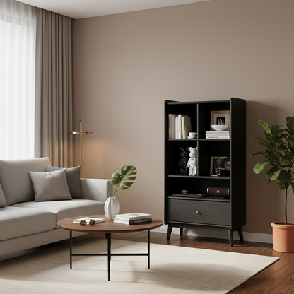 Contemporary Nordic Rectangular Solid Wood Black Display Rack 1-Drawer For Living Room