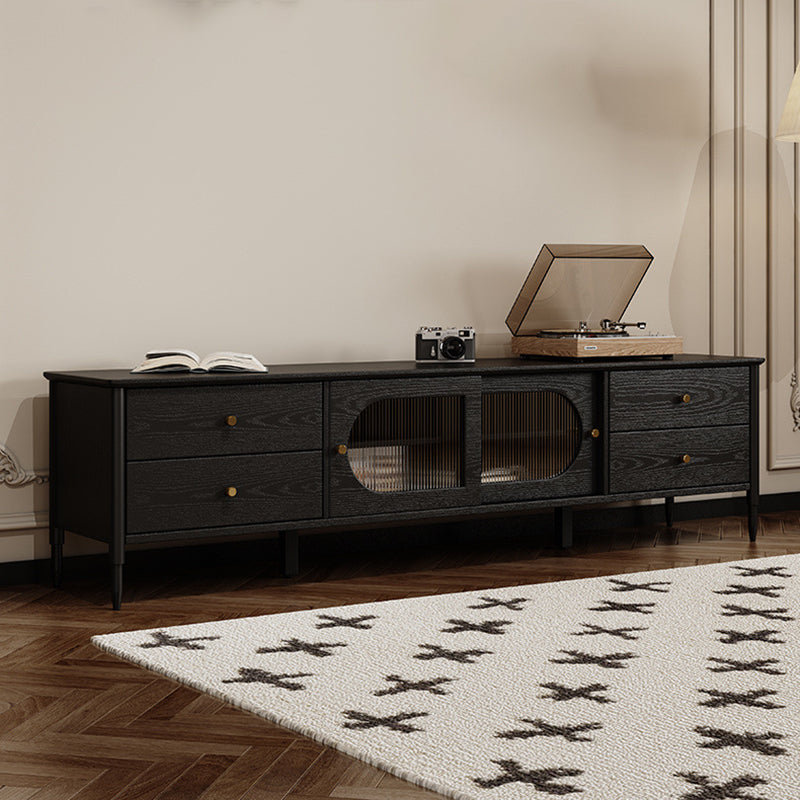 Contemporary Nordic Rectangular Solid Wood Long Rainbow Glass Brass TV Stand 4-Drawer For Living Room