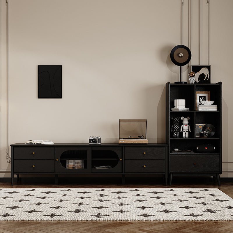 Contemporary Nordic Rectangular Solid Wood Black Display Rack 1-Drawer For Living Room