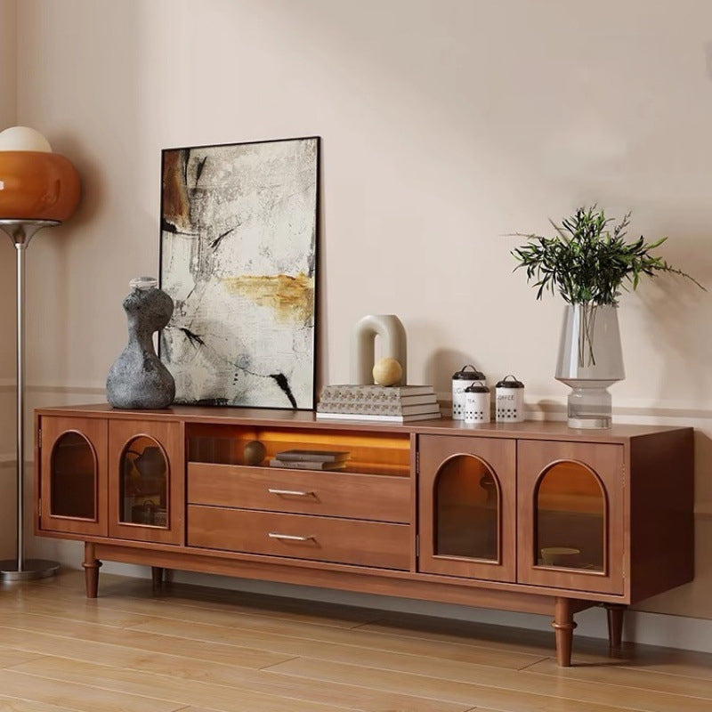 Modern Mid-Century Rectangular Arch Design Glass Aluminum Alloy Solid Wood TV Stand 2-Drawer For Living Room