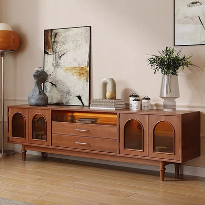 Modern Mid-Century Rectangular Arch Design Glass Aluminum Alloy Solid Wood TV Stand 2-Drawer For Living Room