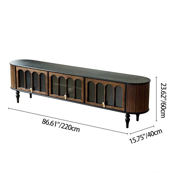 Modern Transitional Arched Design Tempered Glass Solid Wood TV Stand 3-Storage For Living Room