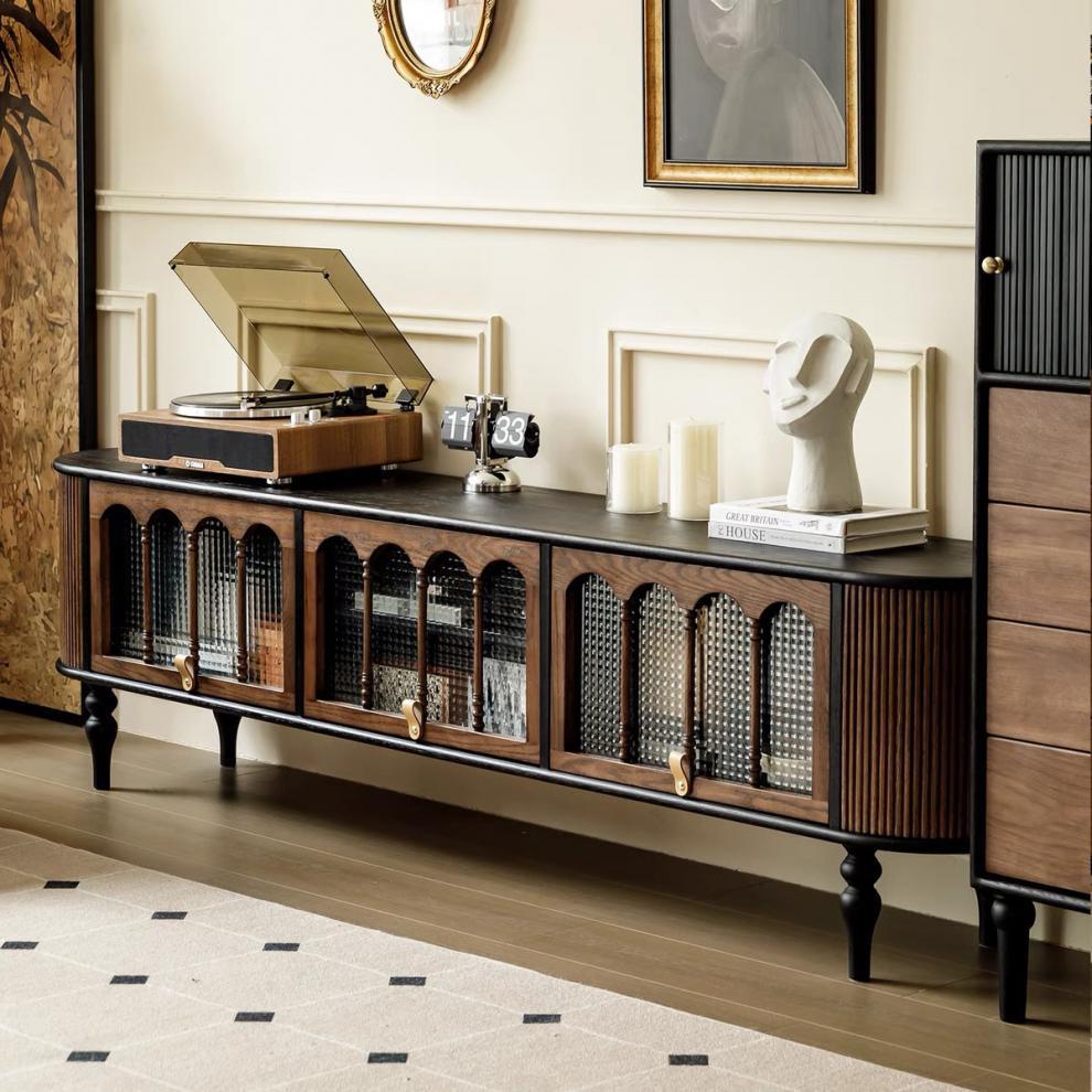 Modern Transitional Arched Design Tempered Glass Solid Wood TV Stand 3-Storage For Living Room