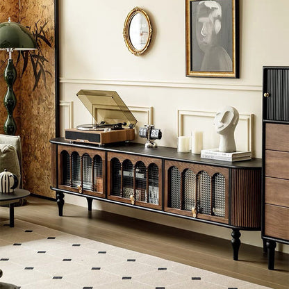 Modern Transitional Arched Design Tempered Glass Solid Wood TV Stand 3-Storage For Living Room