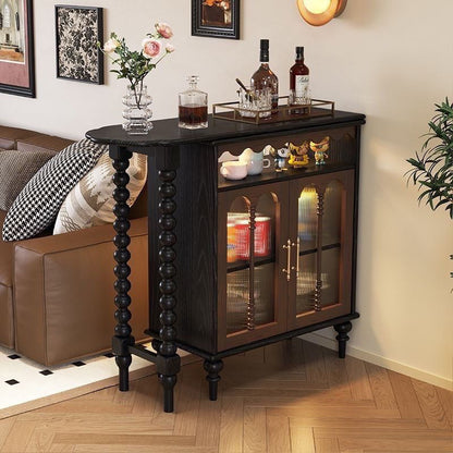 Modern Mid-Century Ball-turned Legs Solid Wood Long Rainbow Glass Bar Table 4-Tier For Living Room