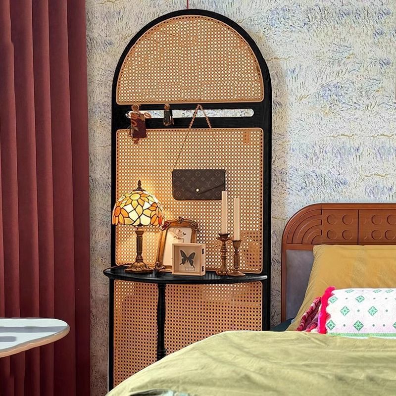 Traditional Vintage Arched Solid Wood Rattan Weaving Display Rack 2-Tier For Living Room
