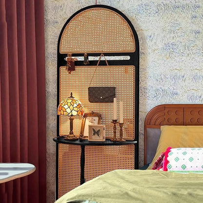 Traditional Vintage Arched Solid Wood Rattan Weaving Display Rack 2-Tier For Living Room
