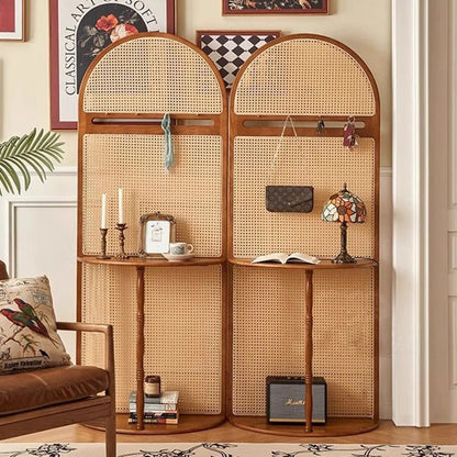 Traditional Vintage Arched Solid Wood Rattan Weaving Display Rack 2-Tier For Living Room