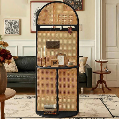 Traditional Vintage Arched Solid Wood Rattan Weaving Display Rack 2-Tier For Living Room