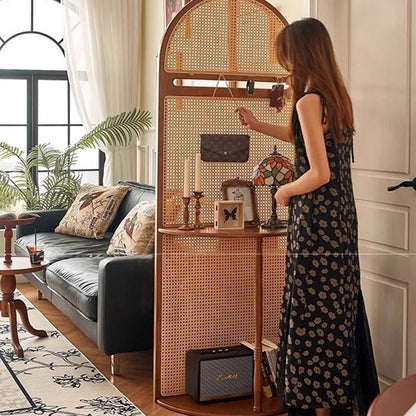 Traditional Vintage Arched Solid Wood Rattan Weaving Display Rack 2-Tier For Living Room