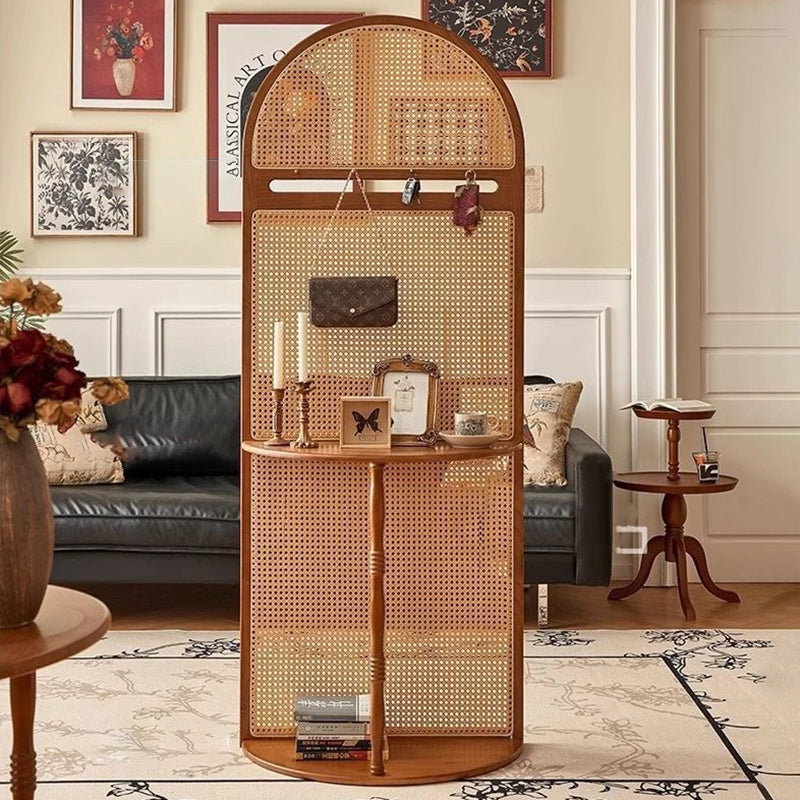 Traditional Vintage Arched Solid Wood Rattan Weaving Display Rack 2-Tier For Living Room