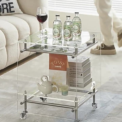 Acrylic Rolling End Table with Stainless Steel Frame – Modern Minimalist 3-Tier Side Table