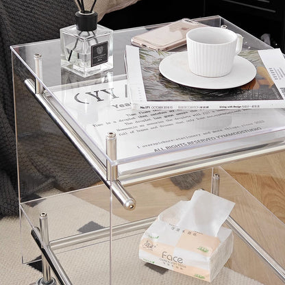 Acrylic Rolling End Table with Stainless Steel Frame – Modern Minimalist 3-Tier Side Table