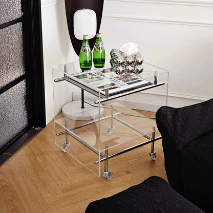 Acrylic Rolling End Table with Stainless Steel Frame – Modern Minimalist 3-Tier Side Table