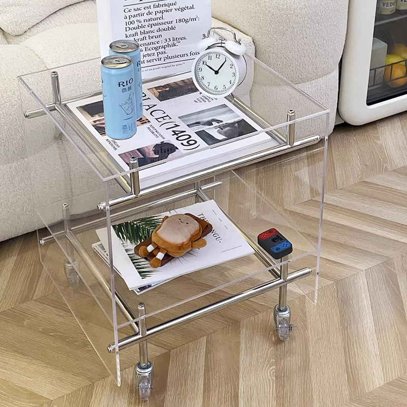 Acrylic Rolling End Table with Stainless Steel Frame – Modern Minimalist 3-Tier Side Table