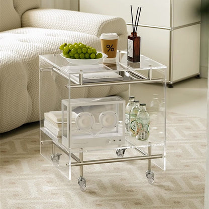 Acrylic Rolling End Table with Stainless Steel Frame – Modern Minimalist 3-Tier Side Table