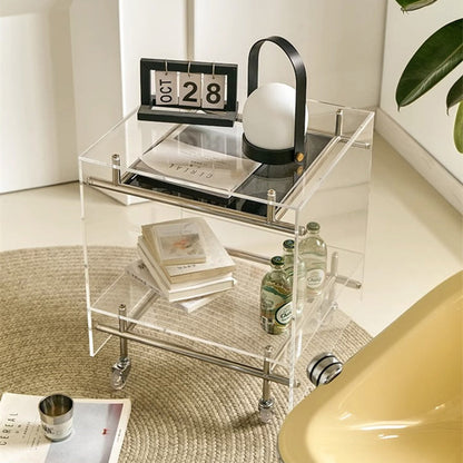 Acrylic Rolling End Table with Stainless Steel Frame – Modern Minimalist 3-Tier Side Table