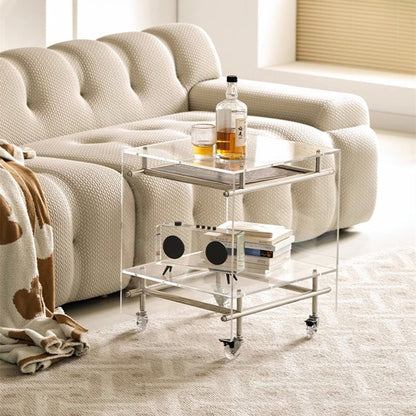 Acrylic Rolling End Table with Stainless Steel Frame – Modern Minimalist 3-Tier Side Table
