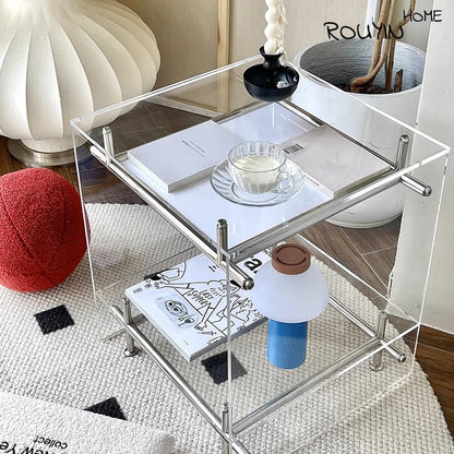 Acrylic Rolling End Table with Stainless Steel Frame – Modern Minimalist 3-Tier Side Table
