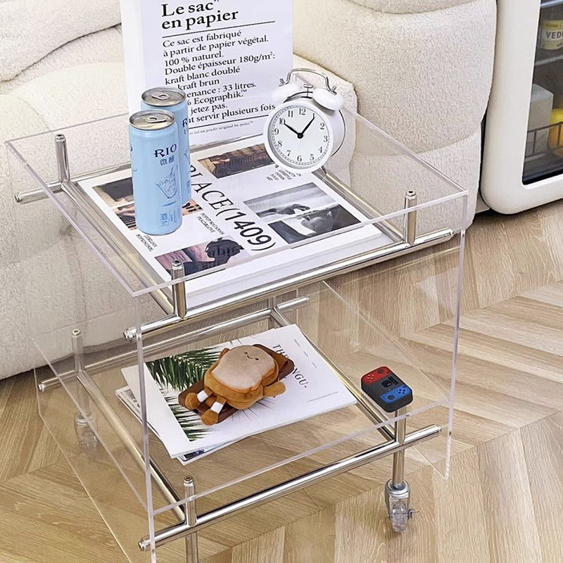 Acrylic Rolling End Table with Stainless Steel Frame – Modern Minimalist 3-Tier Side Table