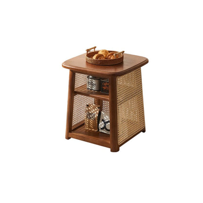 Traditional Japanese Rounded-Corner Trapezoidal Solid Wood Rattan Weaving Coffee Table 3-Tier For Living Room