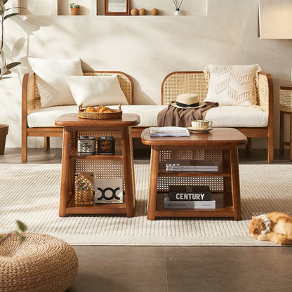 Traditional Japanese Rounded-Corner Trapezoidal Solid Wood Rattan Weaving Coffee Table 3-Tier For Living Room